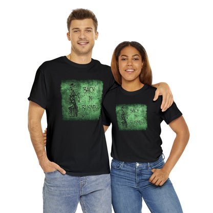 Unisex T-shirt Back in Business in Green - Frogos Design