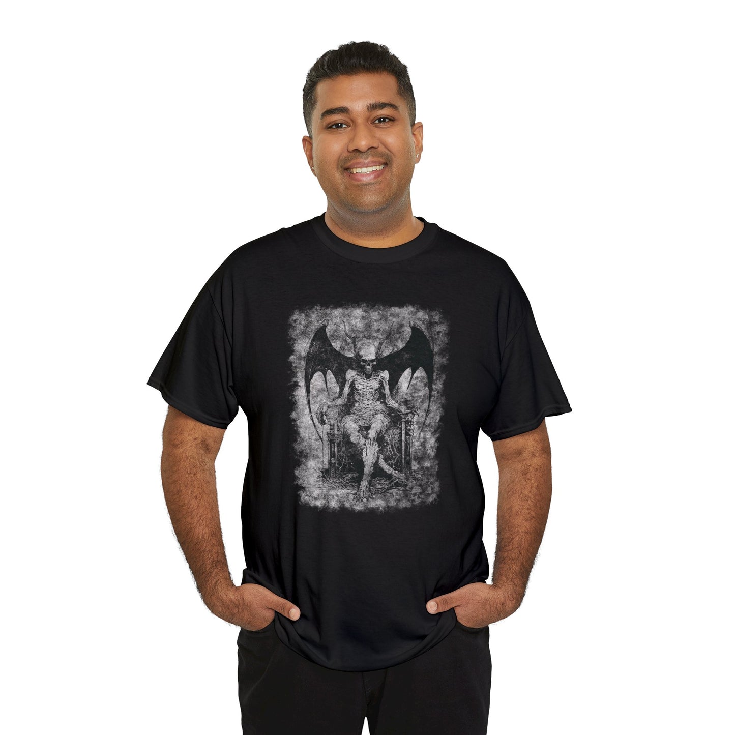 Unisex T-shirt Devil on his Throne in Grey Square - Frogos Design