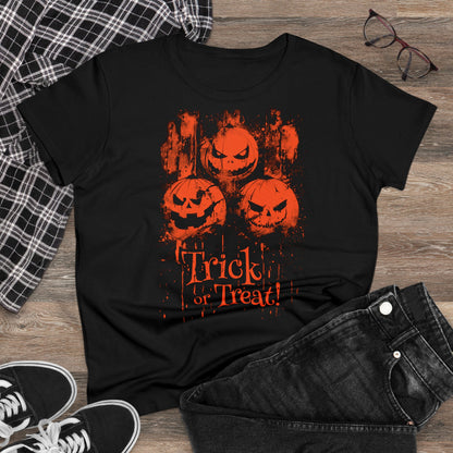 Women's T-shirt Halloween Pumpkins Trick or Treat in Orange