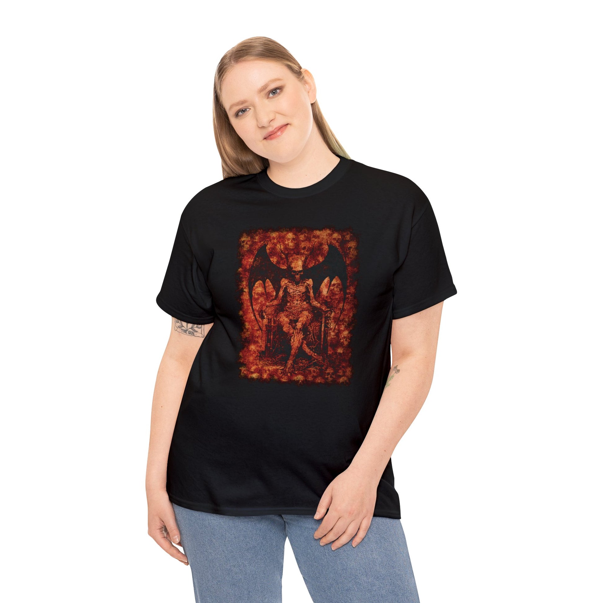 Unisex T-shirt Devil on his Throne in Orange Square - Frogos Design
