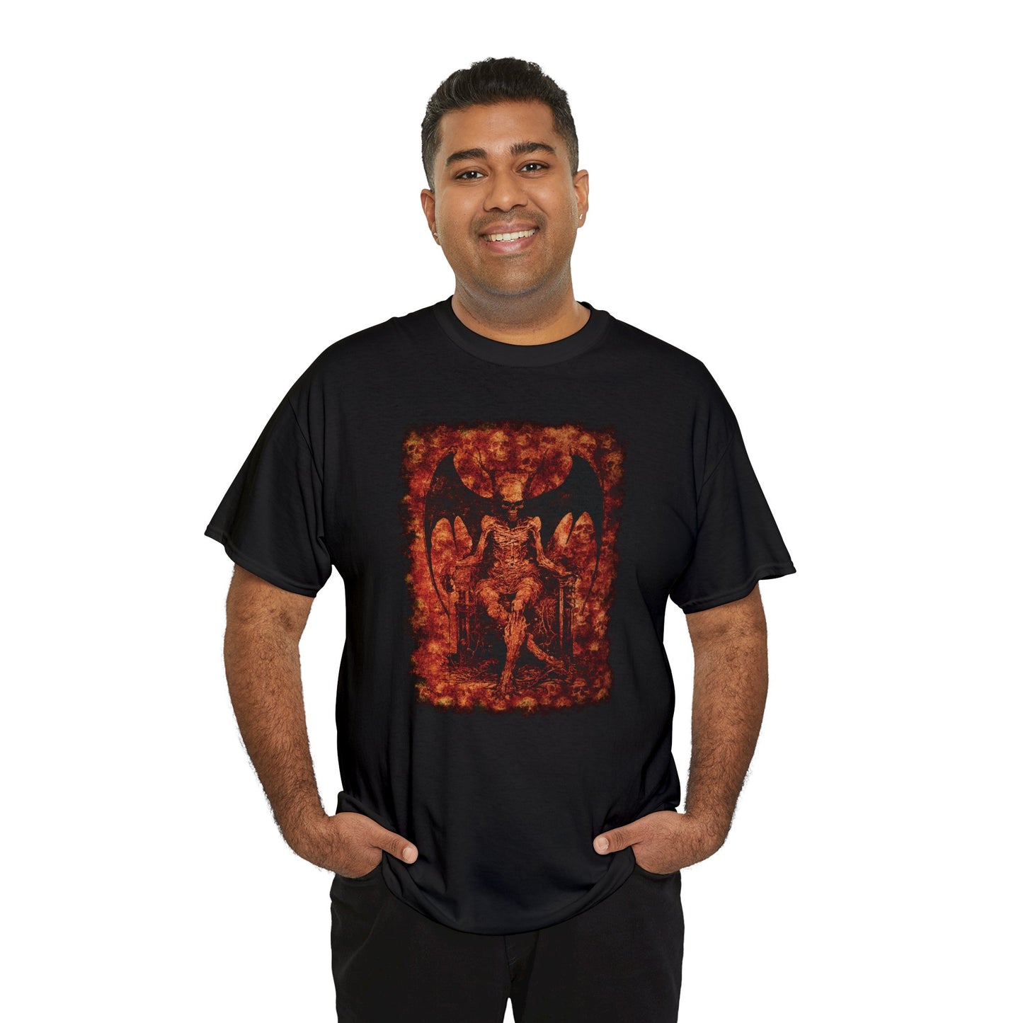 Unisex T-shirt Devil on his Throne in Orange Square - Frogos Design