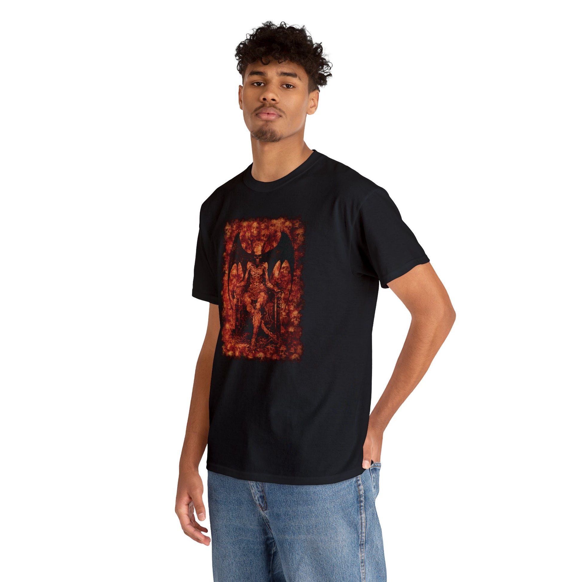 Unisex T-shirt Devil on his Throne in Orange Square - Frogos Design