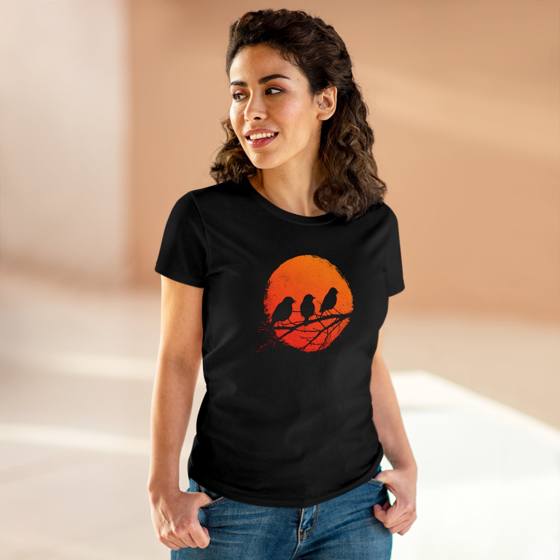 Women's T-shirt Birds in Orange Sun - Frogos Design